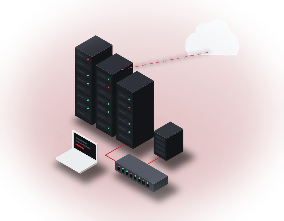 Εικονογράφηση: rack με servers, switch, laptop και σύνδεση με το cloud