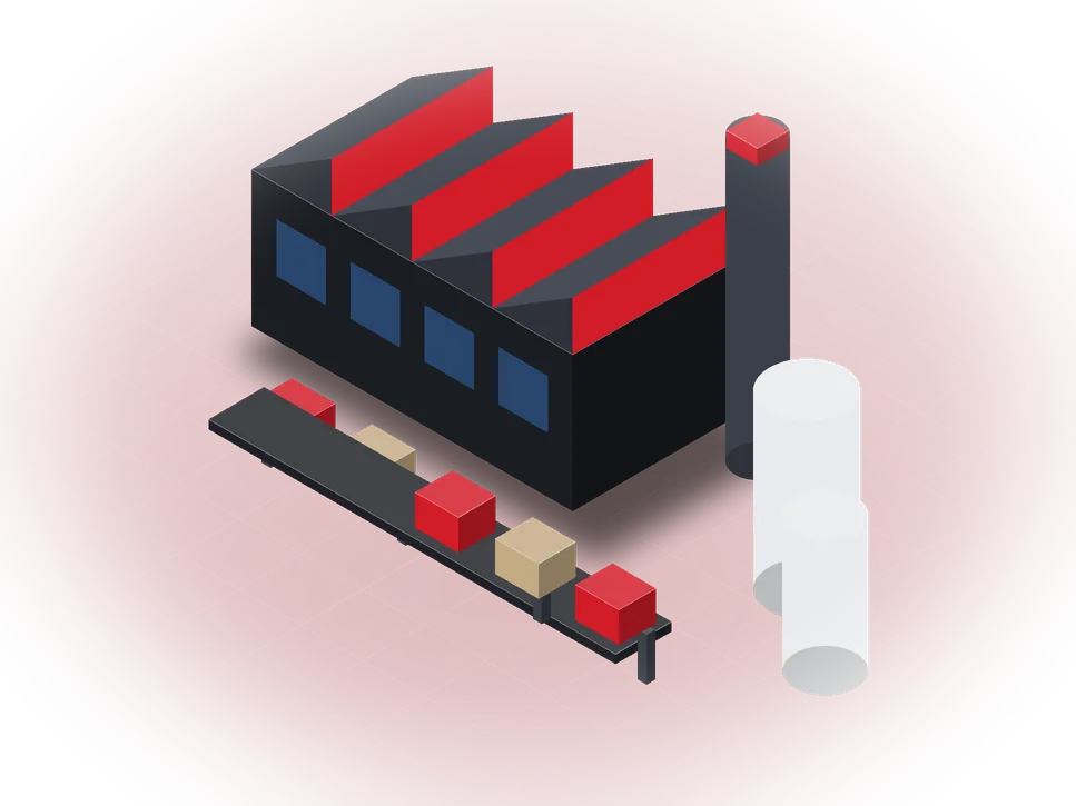 Illustration: a factory, a conveyor belt and silos